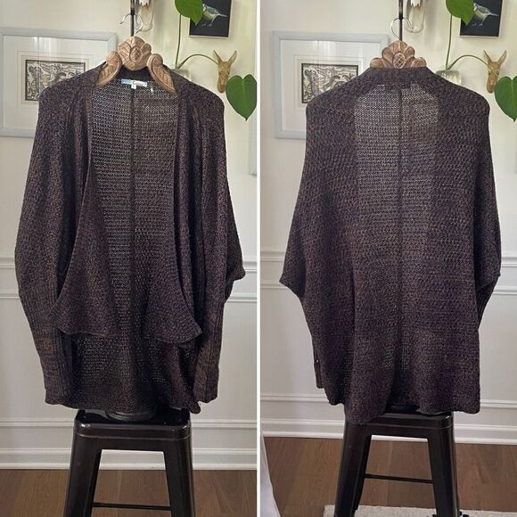 Cecico Sweaters - Cecico Womens Brown Navy Blue Drape Open Front Cardigan Sweater Pockets L